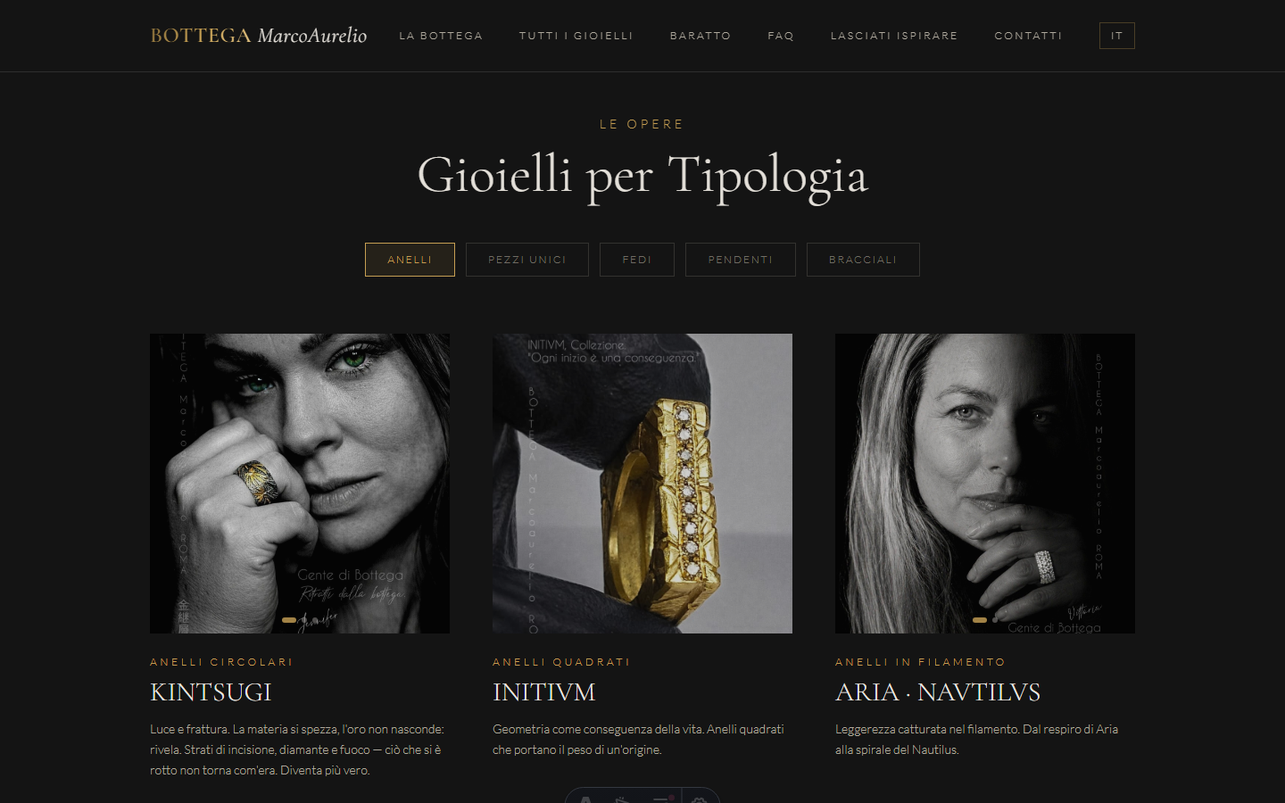 Le Opere — collections section with tab switcher and product cards