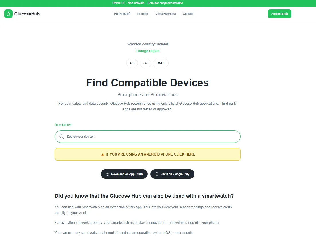 GlucoseHub demo prototype with search, country selector and Android warnings