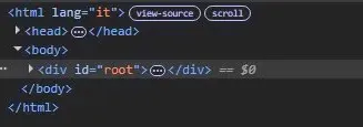 Browser dev tools showing empty div with id root — no content rendered for crawlers
